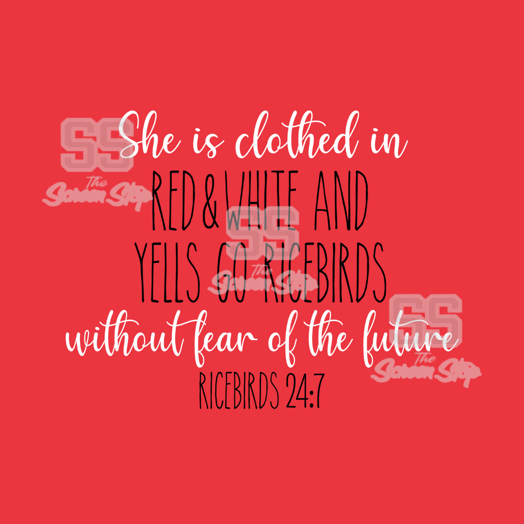 SHE IS CLOTHED IN RED AND WHITE